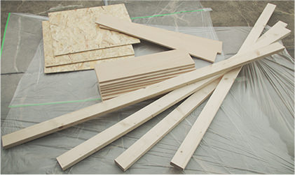 木材：柱（2×4材）4本棚（ラワン合板）910×1820mmをカット（余ったものを天井に利用）※木材はあらかじめ準備